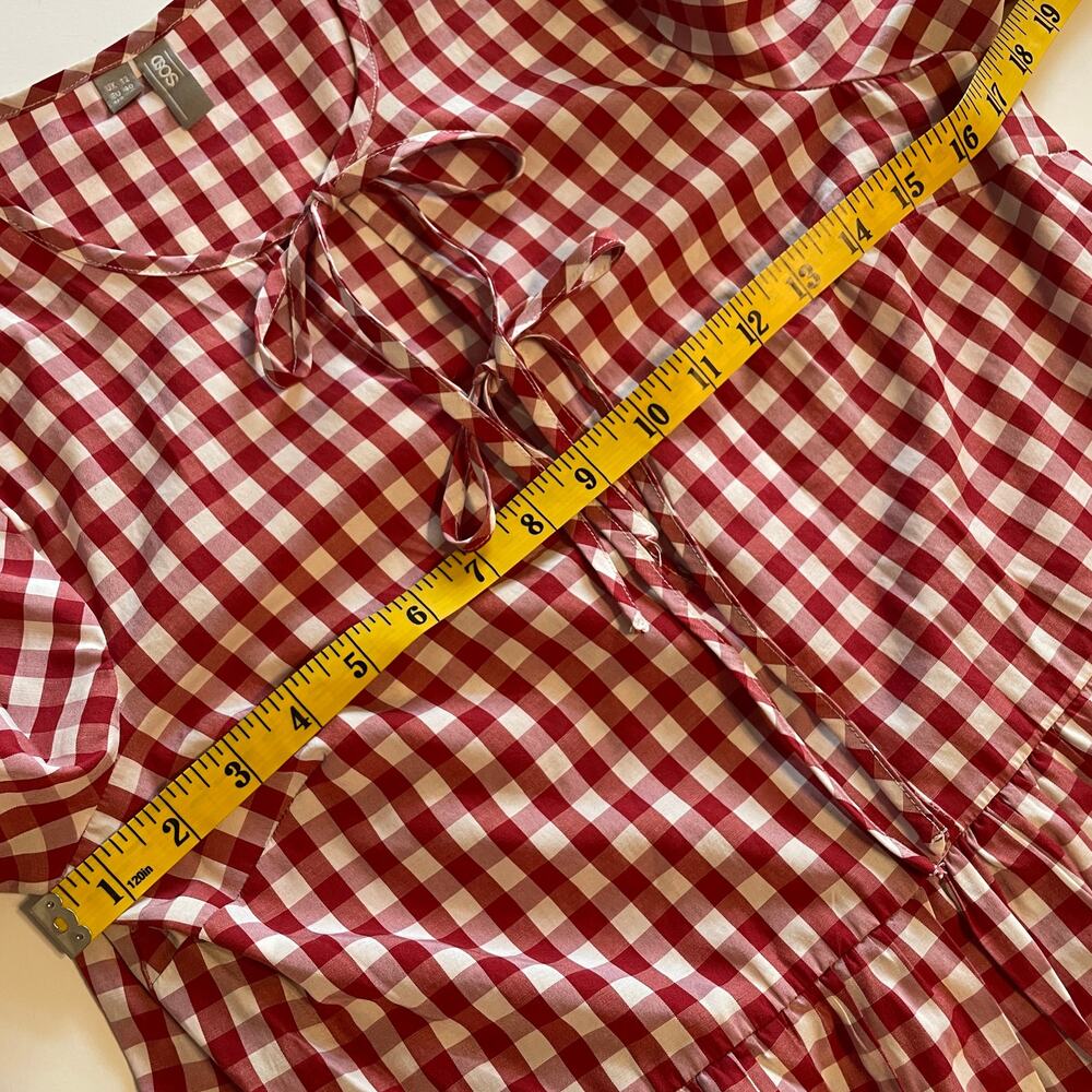 ASOS Gingham Babydoll Dress Womens Size 12 Red Tie Front Bell Sleeve Americana - Picture 7 of 9